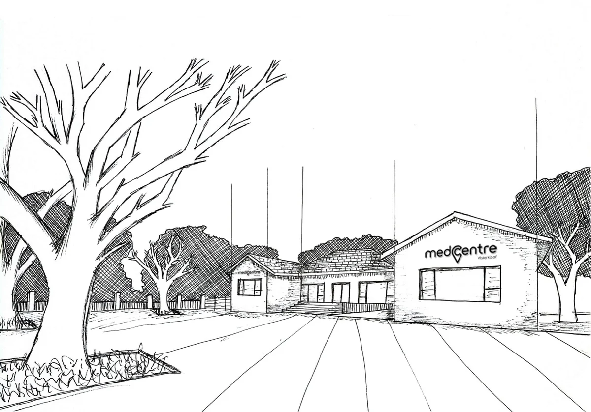 Original architectural illustration of the MedCentre Waterkloof courtyard
